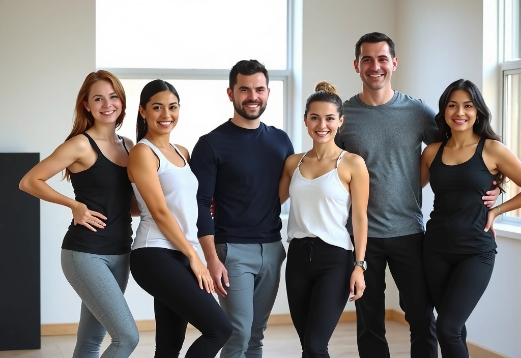 A diverse group of smiling yoga instructors in various activewear, posing together in a bright, modern studio, radiating professionalism and warmth.