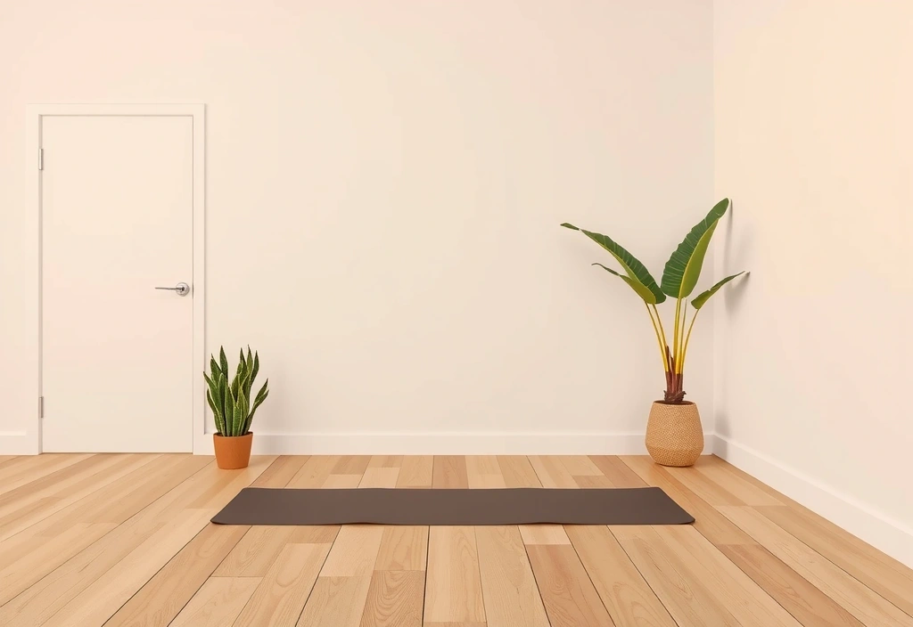 A serene yoga room with soft lighting and natural elements