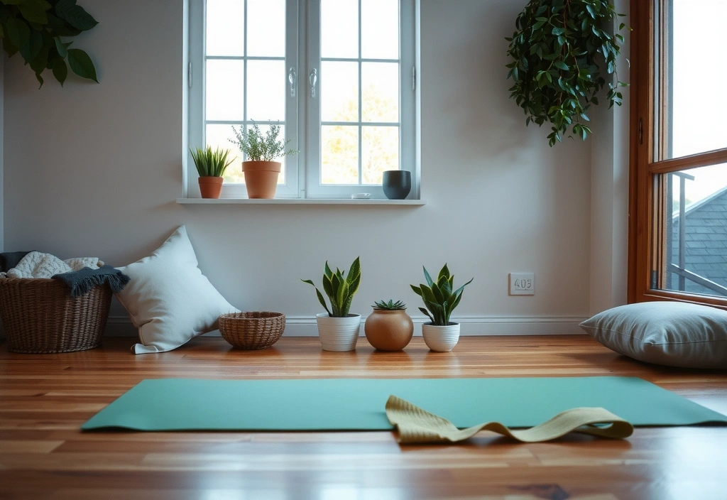 Cozy home yoga space with a mat, plants, and soft lighting