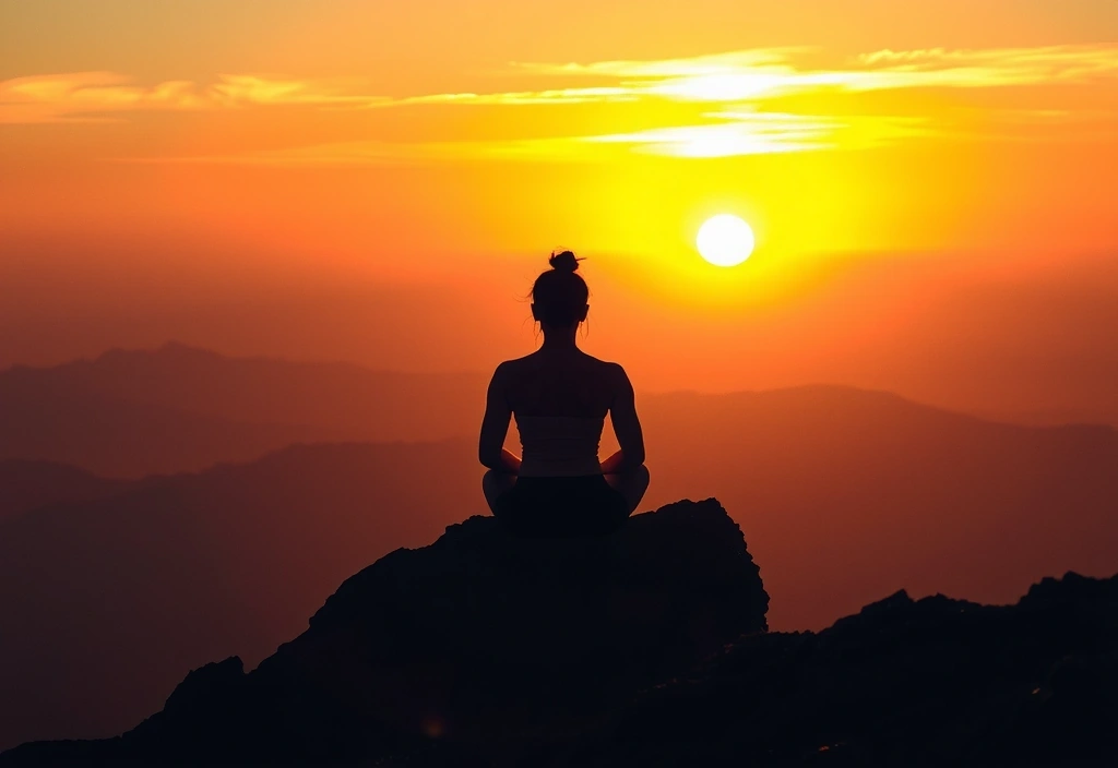 A person meditating on a mountain top at sunrise, symbolizing calm and acceptance